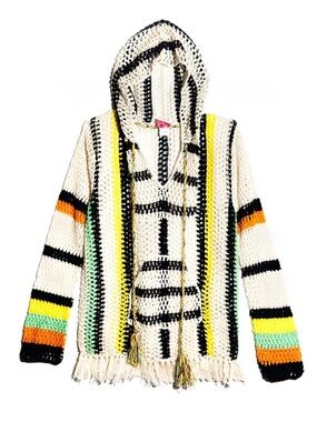 Anna Kosturova 'Baja' striped crochet knit hoodie with fringe hem